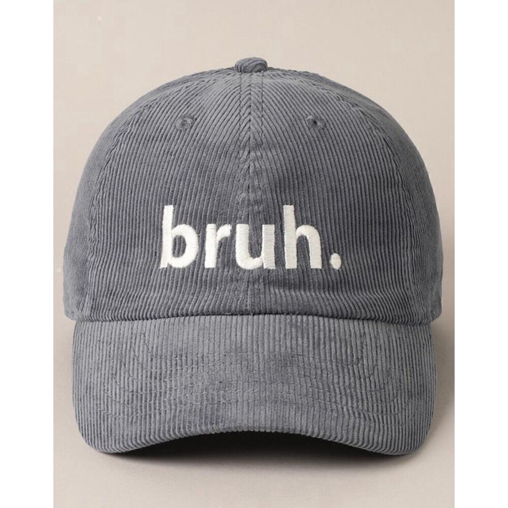 Y2K Unisex Hat Corduroy Bruh Cap Embroidered Trucker Gray Adjustable OSFM - Picture 1 of 4